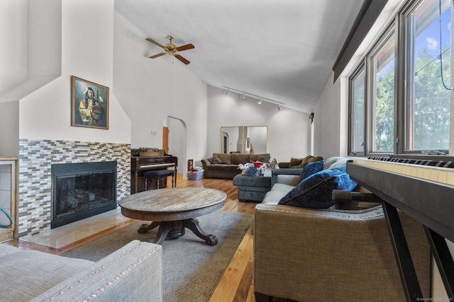 living area featuring track lighting, a ceiling fan, lofted ceiling, and plenty of natural light