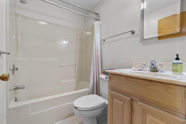 bathroom with toilet, tile patterned floors, shower / bath combo, and vanity