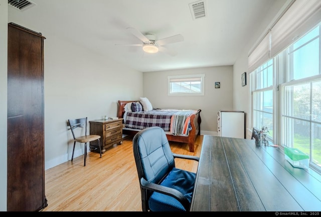 bedroom featuring light wood finished floors, visible vents, and baseboards