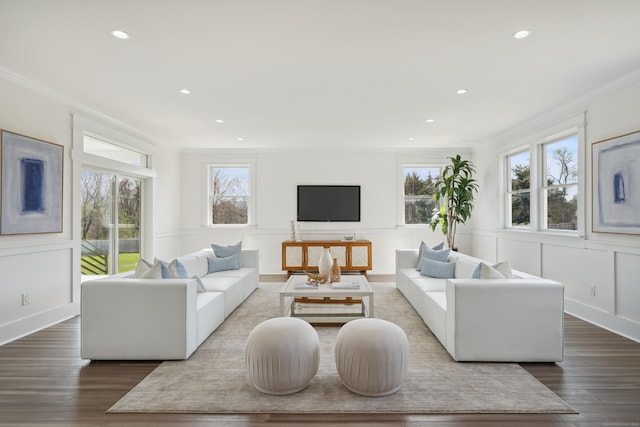 433 Belden Hill Rd, Wilton, CT 06897 - living room with ornamental molding, a decorative wall, dark wood-style floors, recessed lighting, and wainscoting