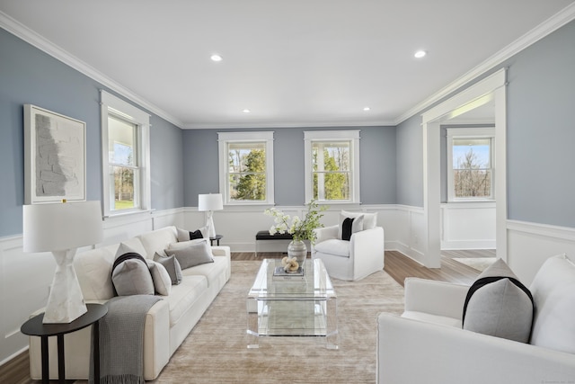 433 Belden Hill Rd, Wilton, CT 06897 - living room with a wainscoted wall, ornamental molding, wood finished floors, and recessed lighting