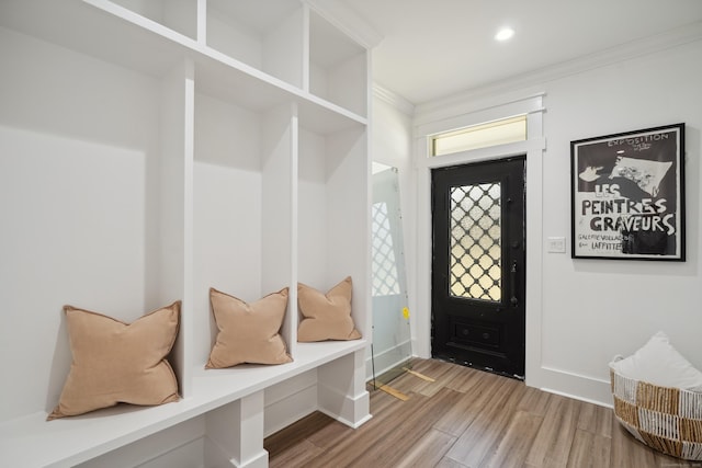 433 Belden Hill Rd, Wilton, CT 06897 - mudroom with ornamental molding, wood finished floors, and baseboards