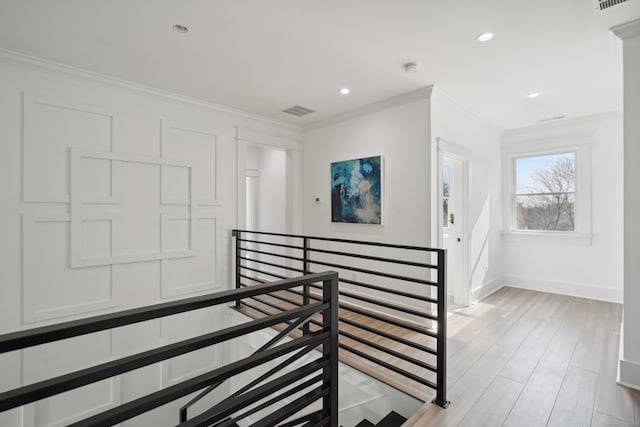 433 Belden Hill Rd, Wilton, CT 06897 - stairs with baseboards, crown molding, wood finished floors, and recessed lighting