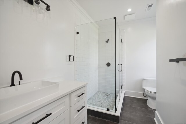 433 Belden Hill Rd, Wilton, CT 06897 - full bath featuring a stall shower, toilet, ornamental molding, vanity, and wood finished floors