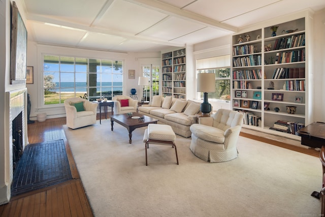 86 Wallacks Dr, Stamford, CT 06902 - living room with hardwood / wood-style floors, coffered ceiling, a fireplace, built in features, and beamed ceiling