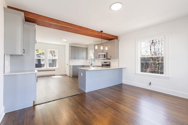 60 Mill St, New Britain, CT 06051 - kitchen with appliances with stainless steel finishes, dark wood finished floors, radiator heating unit, a peninsula, and gray cabinets