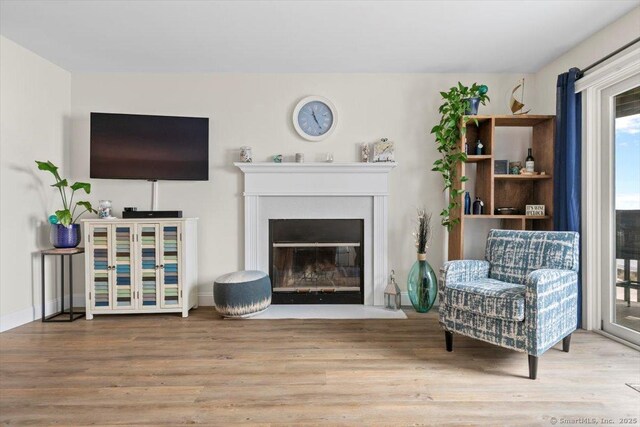 living area with a fireplace with flush hearth and wood finished floors