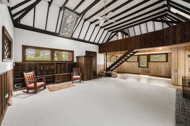 302 Ferry Rd, Old Lyme, CT 06371 - lobby featuring high vaulted ceiling, wooden walls, stairway, and beamed ceiling