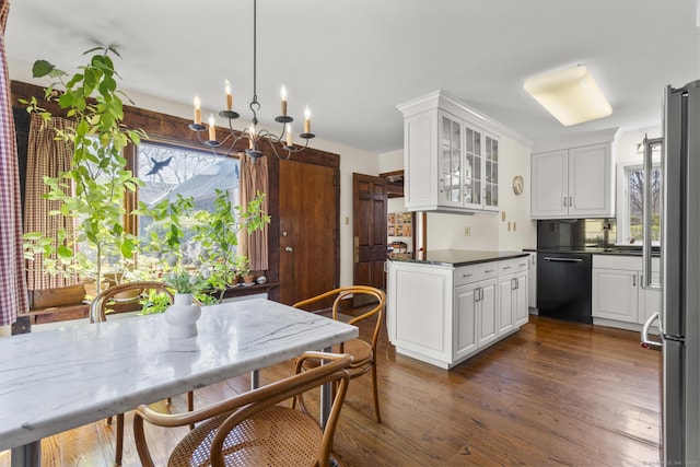 55-69 Sawmill Rd, Branford, CT 06405 - kitchen featuring white cabinetry, dark countertops, dark wood-style flooring, and dishwasher