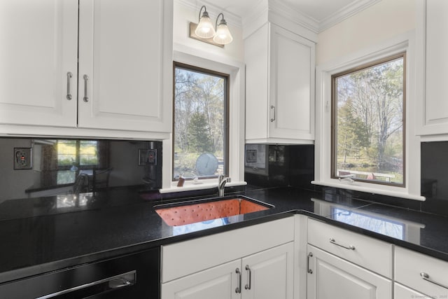 55-69 Sawmill Rd, Branford, CT 06405 - kitchen with a sink, tasteful backsplash, crown molding, white cabinetry, and dark countertops