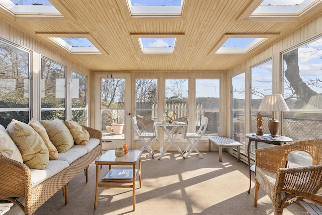 55-69 Sawmill Rd, Branford, CT 06405 - sunroom with a skylight, wooden ceiling, and carpet floors