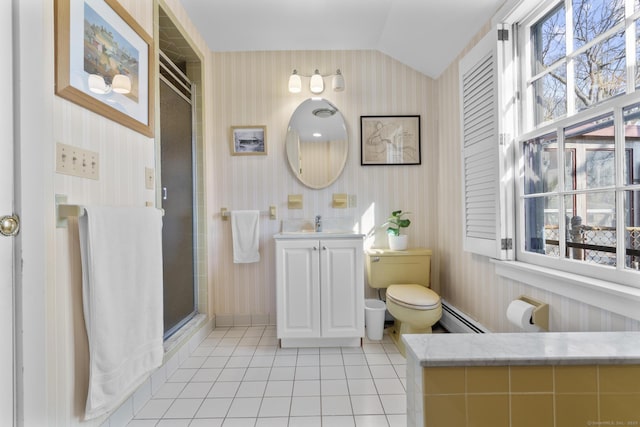 55-69 Sawmill Rd, Branford, CT 06405 - full bathroom with a baseboard heating unit, toilet, wallpapered walls, and lofted ceiling