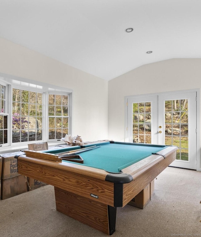 55-69 Sawmill Rd, Branford, CT 06405 - rec room with french doors, carpet, lofted ceiling, and pool table