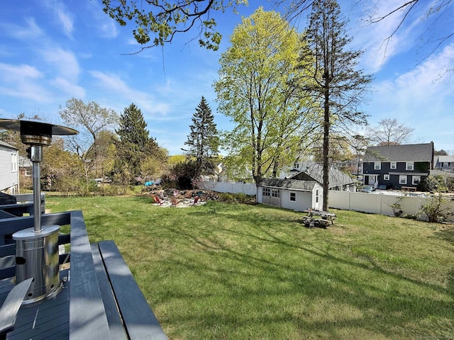 view of yard with an outbuilding and a fenced backyard