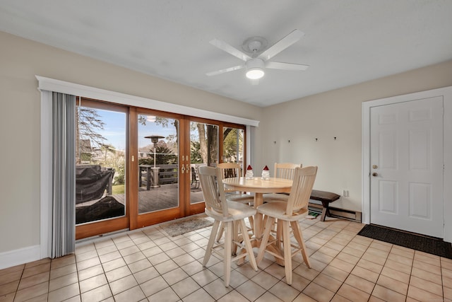 dining space featuring french doors, a ceiling fan, light tile patterned floors, baseboards, and a baseboard radiator
