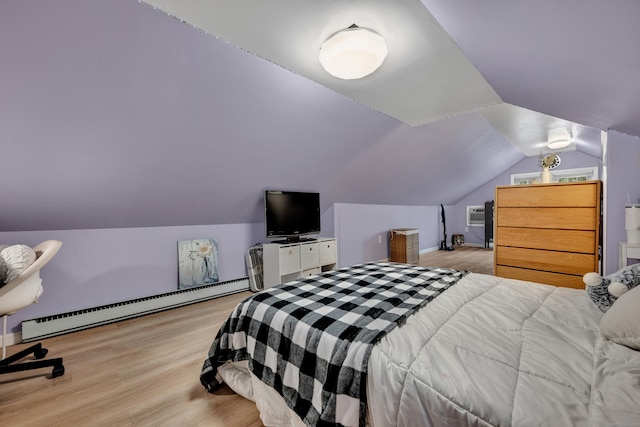 bedroom with baseboard heating, light wood-type flooring, a wall mounted air conditioner, and lofted ceiling