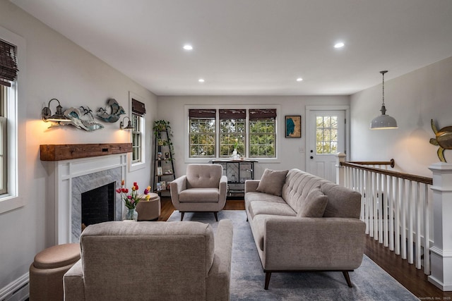 living room with baseboards, a fireplace, recessed lighting, and wood finished floors