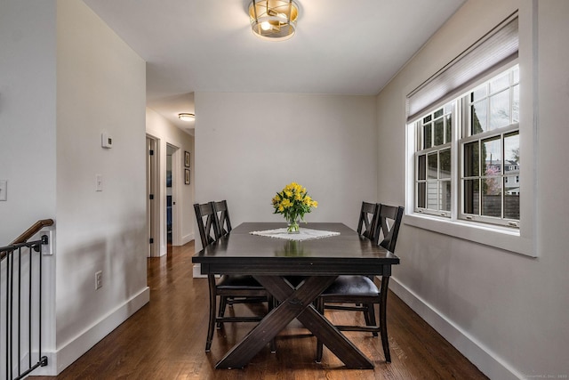 dining room featuring dark wood-style flooring and baseboards