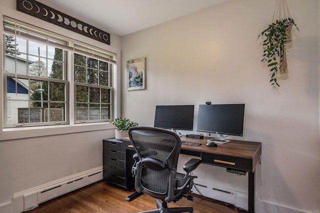 office with baseboard heating and wood finished floors