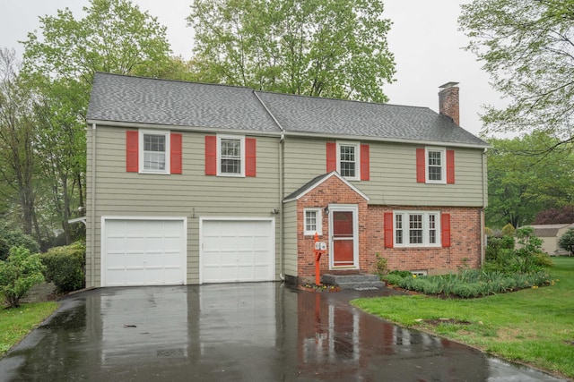 20 Fairview St, Simsbury, CT 06070 - view of front of home featuring brick siding, driveway, a garage, a chimney, and a shingled roof