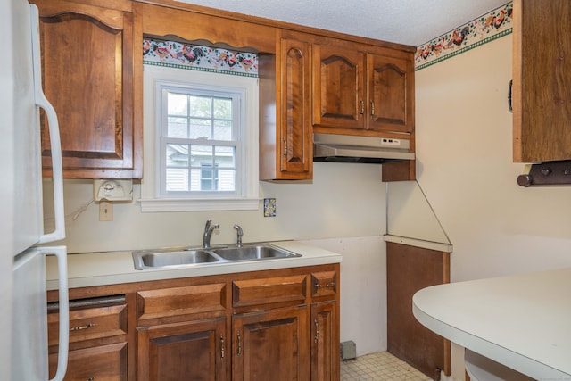 20 Fairview St, Simsbury, CT 06070 - kitchen featuring a sink, brown cabinetry, freestanding refrigerator, under cabinet range hood, and light countertops