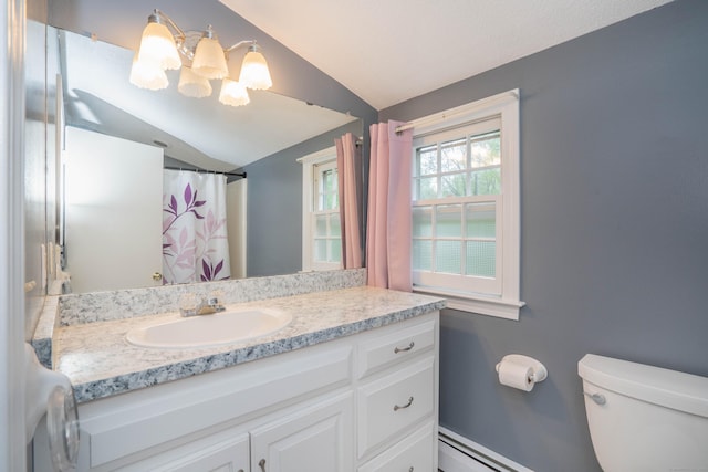 20 Fairview St, Simsbury, CT 06070 - full bath featuring lofted ceiling, toilet, vanity, curtained shower, and a notable chandelier