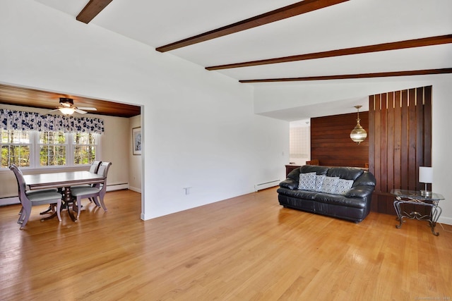 living area with beam ceiling, ceiling fan, baseboard heating, a baseboard heating unit, and light wood-style flooring
