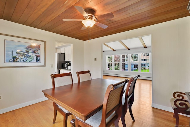 dining room featuring wooden ceiling, baseboards, baseboard heating, and light wood-style flooring