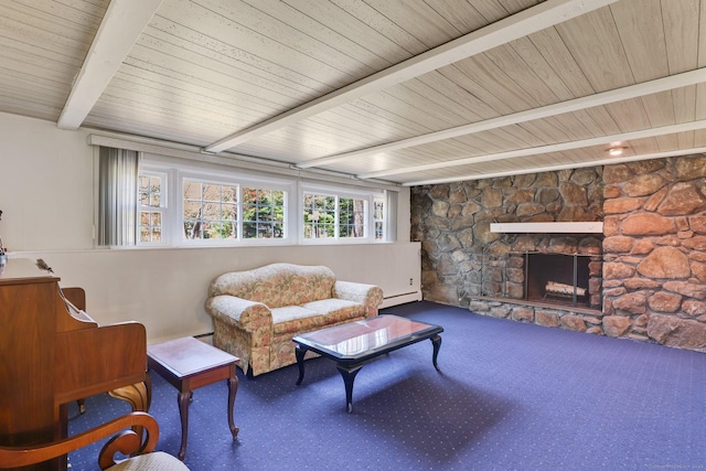 carpeted living room featuring wood ceiling, a fireplace, and beamed ceiling