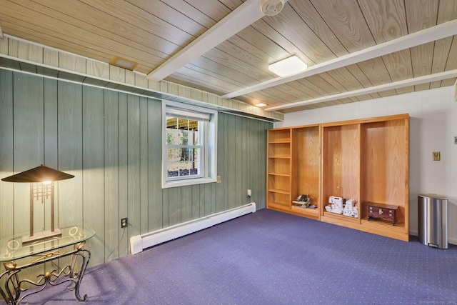 interior space with wood walls, wood ceiling, a baseboard heating unit, and beam ceiling
