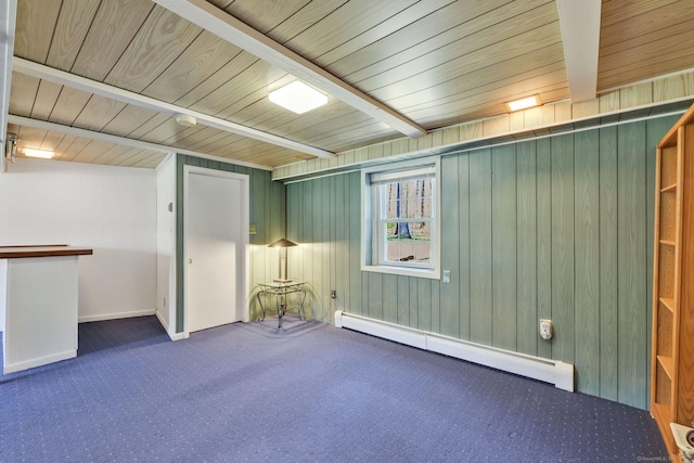 interior space featuring wood walls, beam ceiling, carpet floors, baseboards, and a baseboard heating unit