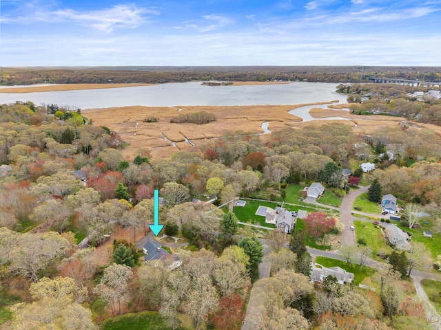 drone / aerial view with a water view