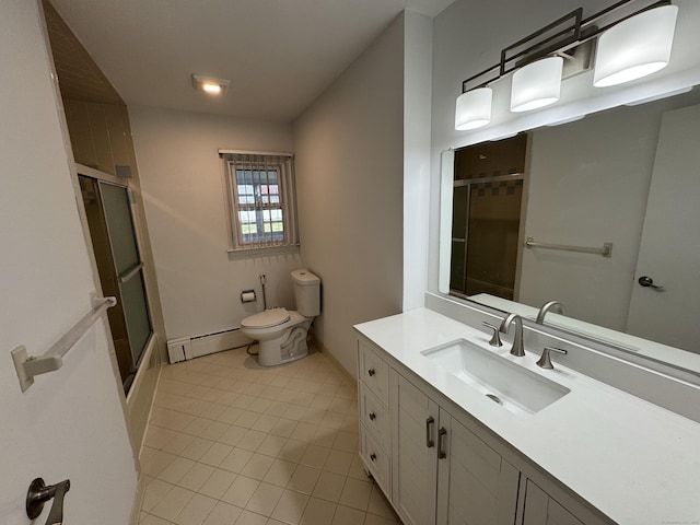 71 Schiller Rd, Fairfield, CT 06825 - full bath with a baseboard heating unit, toilet, baseboards, an enclosed shower, and tile patterned flooring