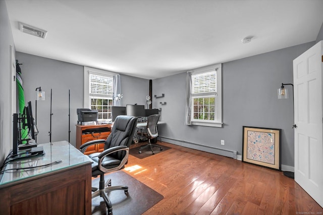 office space with a healthy amount of sunlight, baseboard heating, wood finished floors, and visible vents