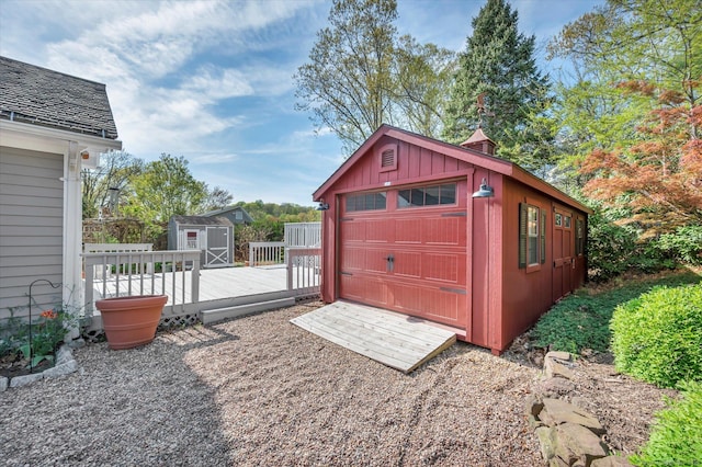 exterior space with a shed