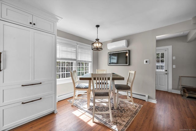 dining area featuring wood finished floors, baseboards, a baseboard heating unit, a wall mounted AC, and a notable chandelier