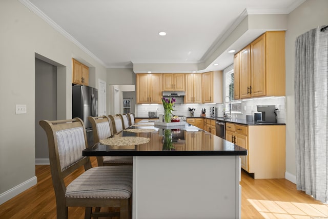 kitchen featuring dark countertops, stainless steel appliances, light wood finished floors, and under cabinet range hood