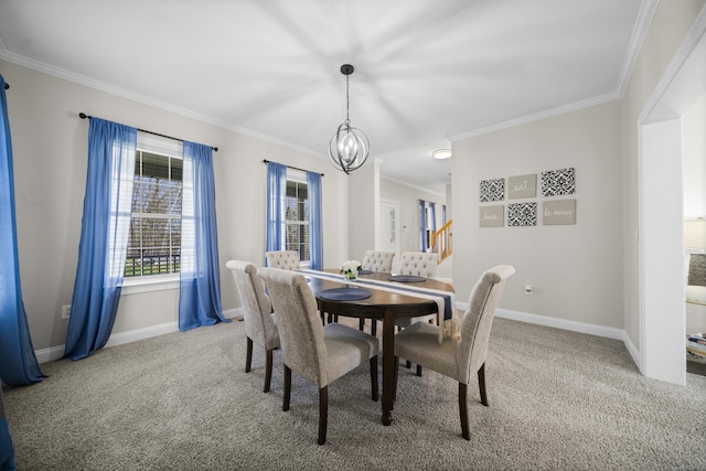 carpeted dining room with baseboards, ornamental molding, an inviting chandelier, and stairs