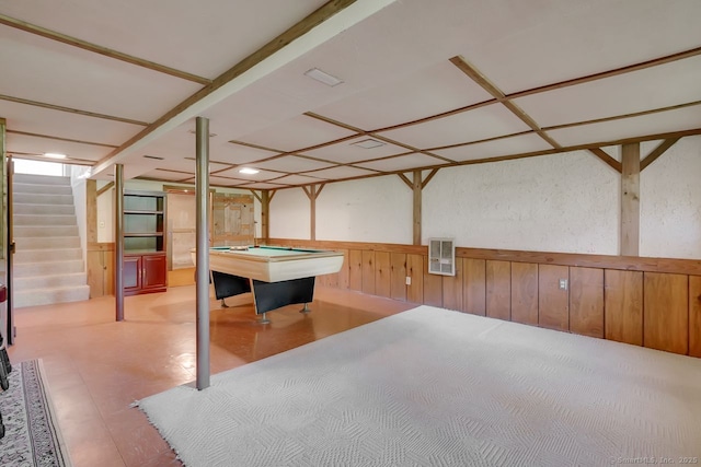recreation room with visible vents, billiards, a wainscoted wall, and wood walls