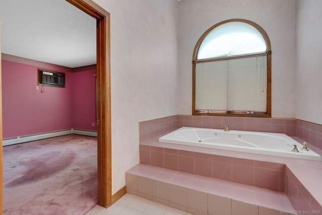 full bathroom with baseboard heating, tile patterned floors, a whirlpool tub, and an AC wall unit