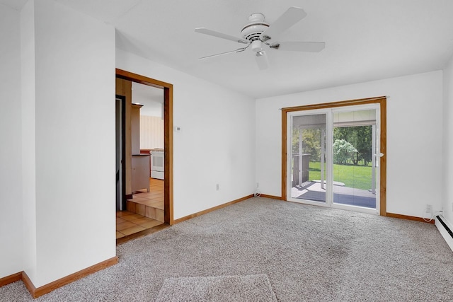 unfurnished room with baseboards, a ceiling fan, and carpet