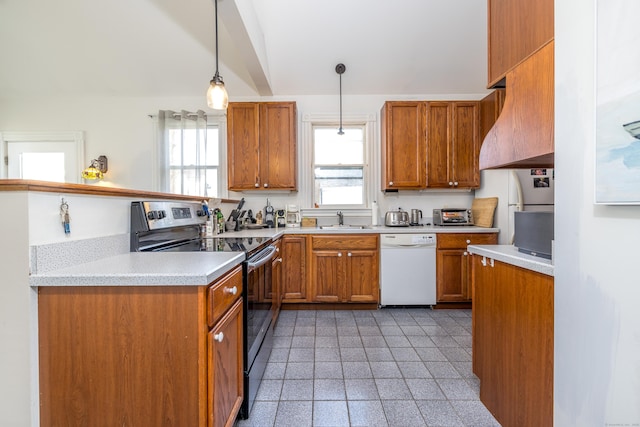 16 Pearl St, Groton, CT 06355 - kitchen featuring brown cabinets, electric range, a sink, dishwasher, and light countertops