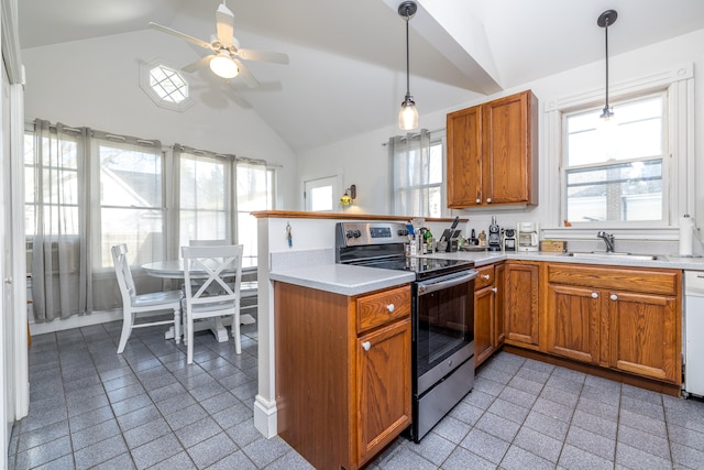 16 Pearl St, Groton, CT 06355 - kitchen featuring a ceiling fan, electric range, vaulted ceiling, a sink, and a peninsula