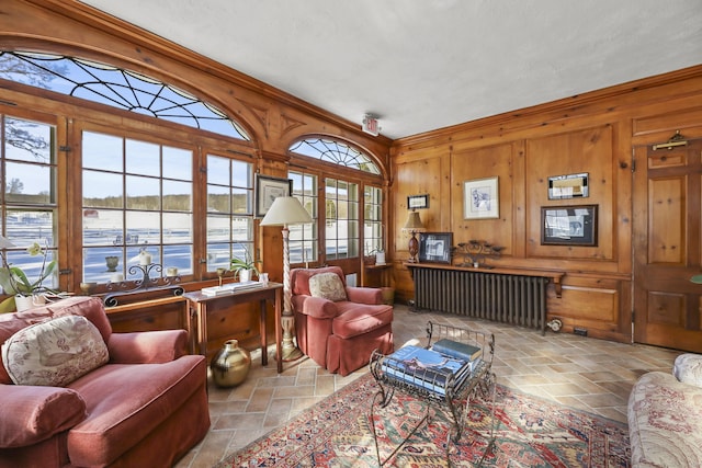 802 State Rd, Richmond, MA 01254 - interior space with radiator heating unit, stone tile floors, wood walls, and a water view
