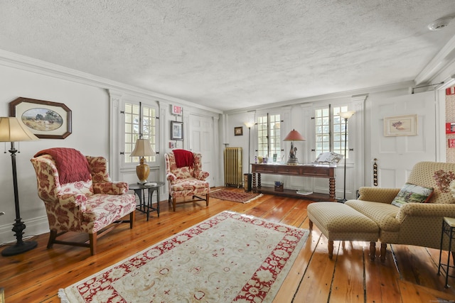 802 State Rd, Richmond, MA 01254 - living area with radiator heating unit, a textured ceiling, hardwood / wood-style flooring, and ornamental molding