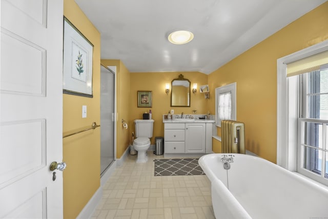 802 State Rd, Richmond, MA 01254 - full bath featuring a stall shower, baseboards, radiator heating unit, a freestanding tub, and vanity