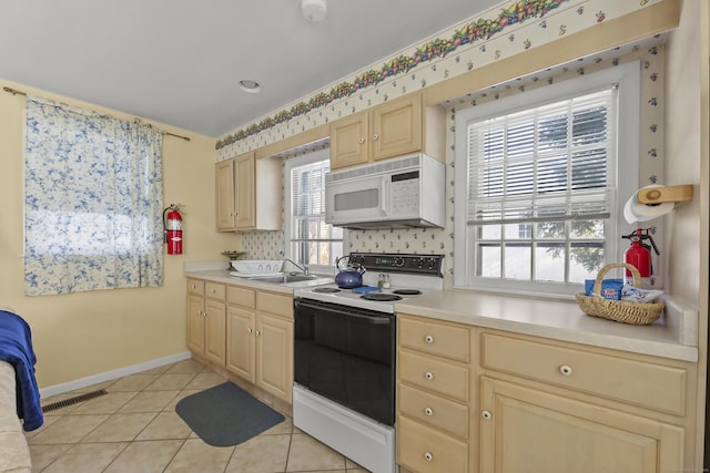 802 State Rd, Richmond, MA 01254 - kitchen featuring electric range, light brown cabinetry, white microwave, and light countertops