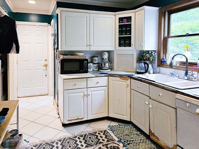 935 Gaylord Mountain Rd, Hamden, CT 06518 - kitchen featuring white dishwasher, black microwave, a sink, white cabinetry, and crown molding