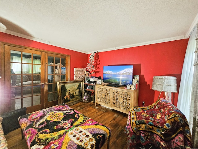 935 Gaylord Mountain Rd, Hamden, CT 06518 - bedroom with a textured ceiling, french doors, wood finished floors, and crown molding