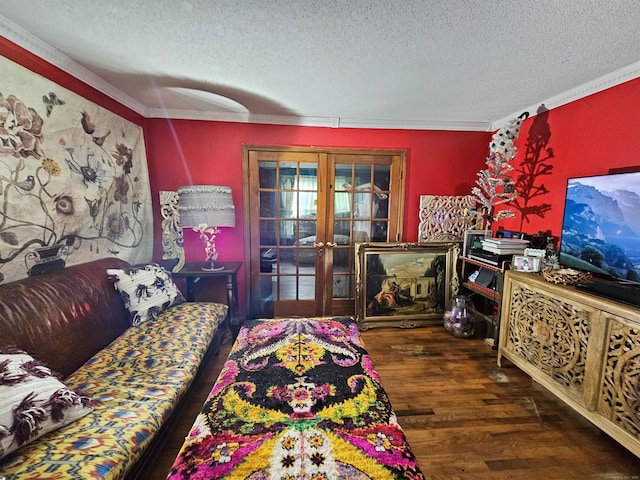 935 Gaylord Mountain Rd, Hamden, CT 06518 - bedroom with french doors, a textured ceiling, crown molding, and wood finished floors